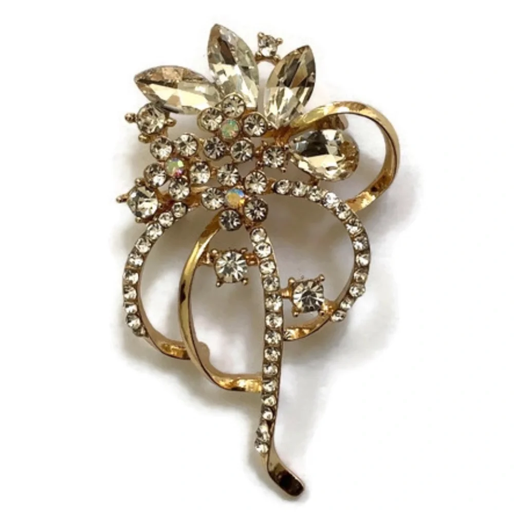 Gold Tone Flower Brooch with Clear Rhinestones - Picture 3 of 6